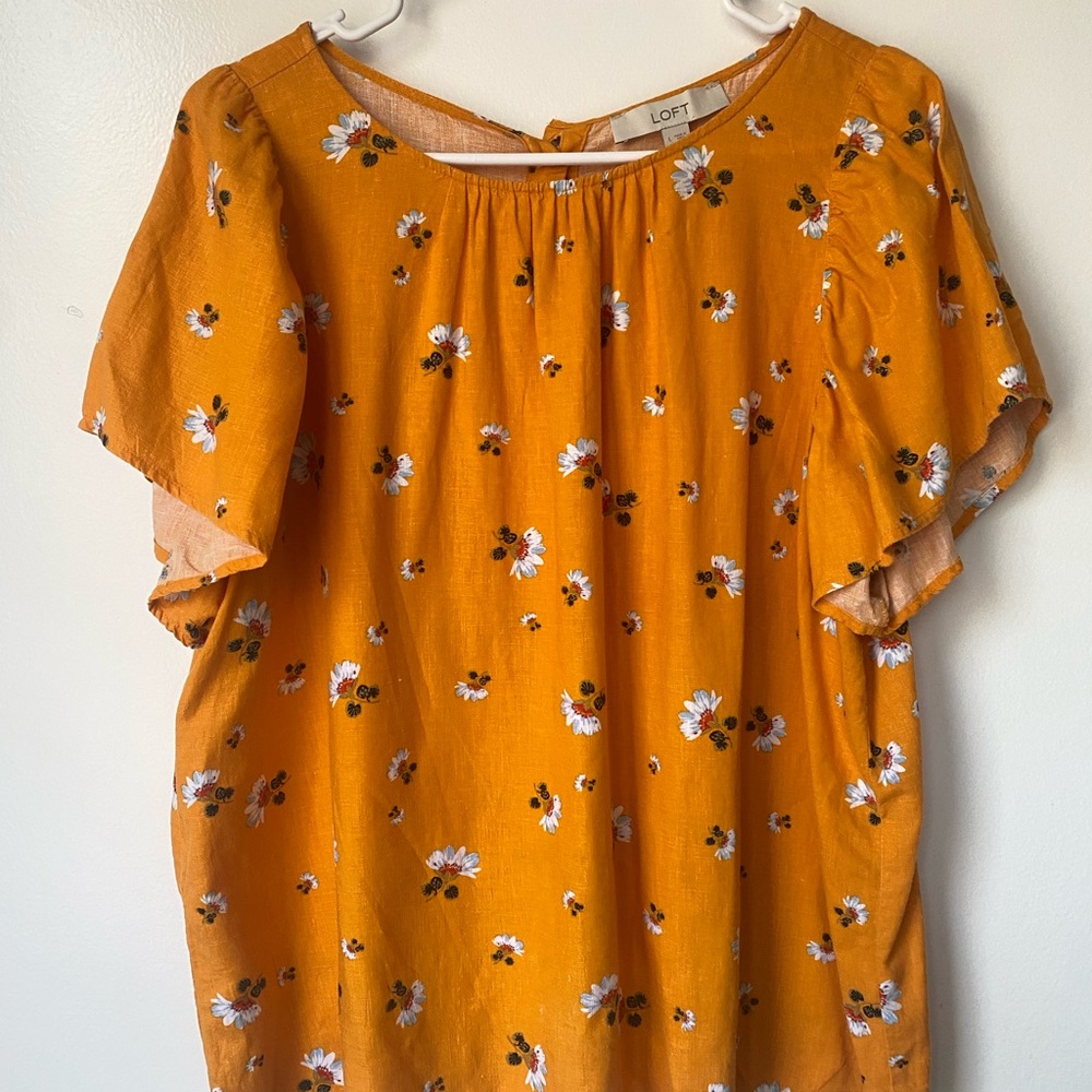 LOFT Orange Floral Blouse L Cottagecore Linen Blend Boho Top Spring Summer